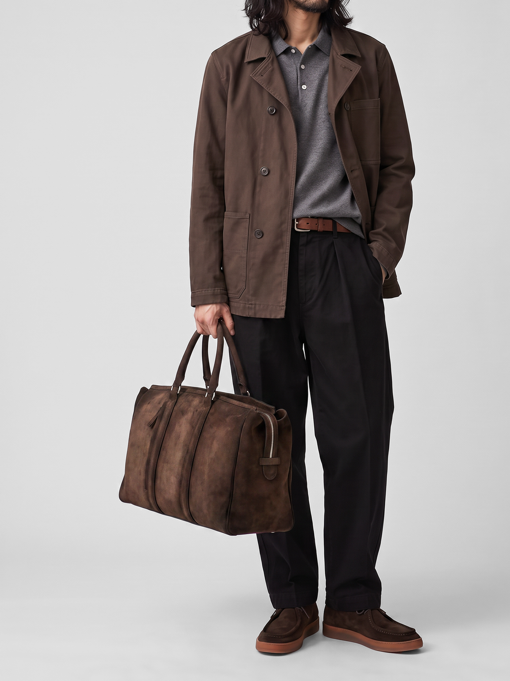 QUENTIN 009 - Borsa in Pelle Scamosciata Marrone - image 2,side view